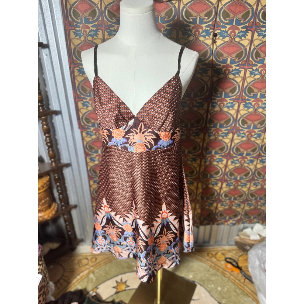 Vintage Forever21 Mini Dress Brown Geometric Floral Print Sleeveless Sun Dress